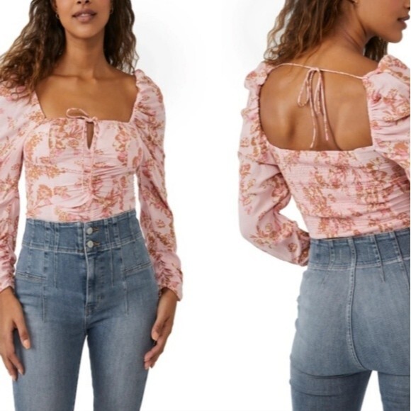 Free People Hilary Printed Top in pink combo size M - Picture 5 of 11